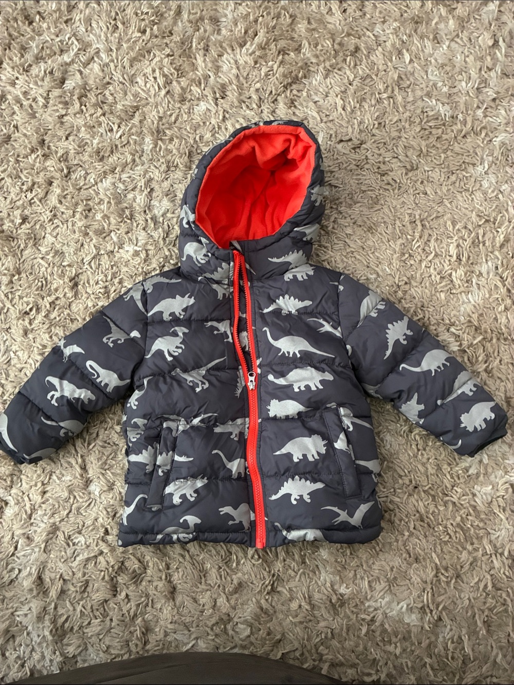 wonder nation Navy Dinosaur Puffer Jacket with orange Lining